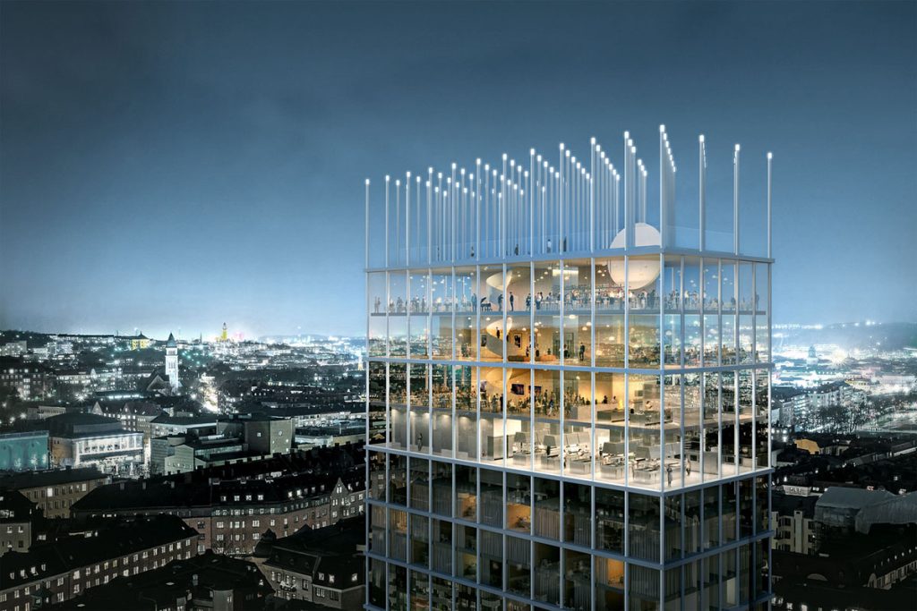 Illustration av den arkitektoniska utformningen av toppen på höghuset