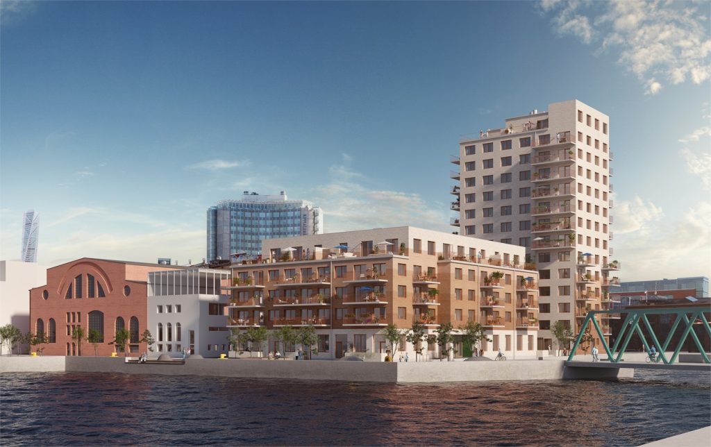 Brf Fyrskeppet varierar mellan fyra till fjorton våningar och får en röd samt vit tegelklädd fasad.