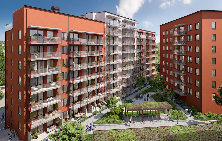 Haga Paletts röda kvarter utrustas med balkonger och uteplatser mot en grönskande innergård