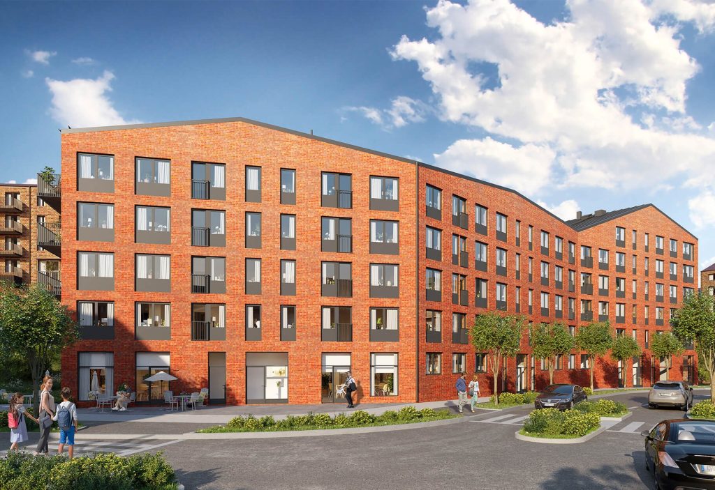 Brf Bostons fasad blir av rött tegel och huskroppen böljar längst med Tellusborgsvägen. 