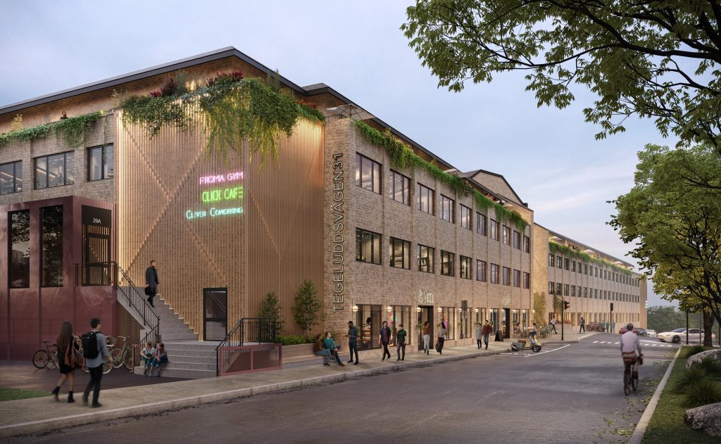 Tegeluddsvägen 31 får en modernisering av sin gula tegelfasad, samt nya fönster och verksamhetslokaler i bottenvåningen. 