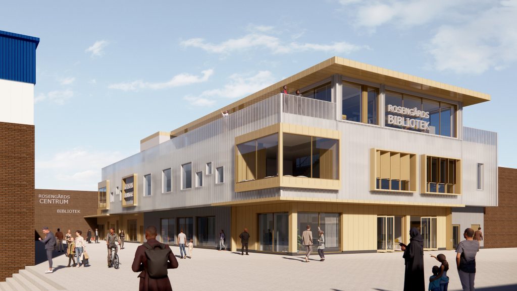 Rosengårds nya bibliotek får tre våningar totalt, med takterrass högst upp och en ljus och inbjudande design på gatuplan. 